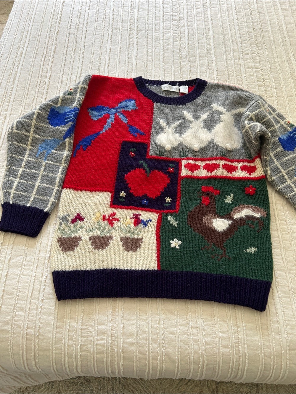 Vtg Lord & Taylor Shetland Wool Patchwork Bunny Rooster Sweater